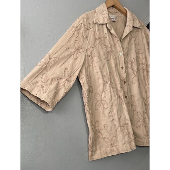 CJ Banks Top Plus Size 1X Beige Linen Soutache Embroidered Lagenlook Minimalist - Picture 2 of 9
